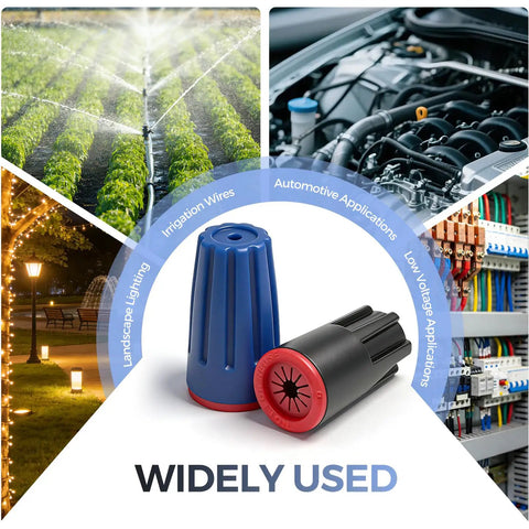 40 Piece Waterproof Wire Connectors Set For 12 To 22 AWG IP65 Rated Twist Nuts, blue and black, shown with irrigation and lighting uses.