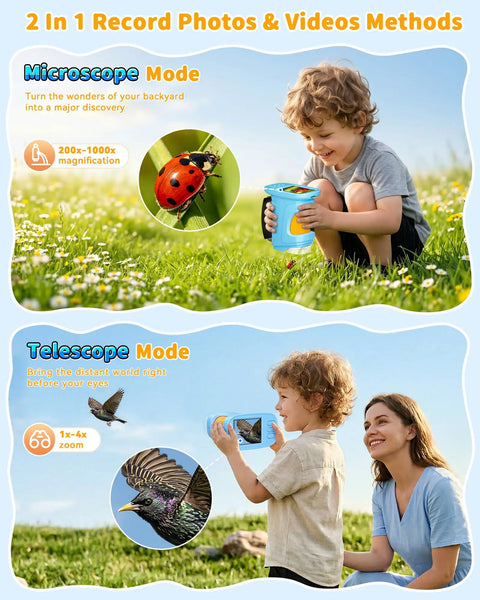 Kid Friendly Handheld Microscope With 4K Live View, 2.4 Inch IPS Screen, 1000x Magnification, Built In Camera, 12 Prepared Slides, STEM Educational Toy for Learning and Exploration, Perfect Gift for Ages 3 to 12 held by child outdoors