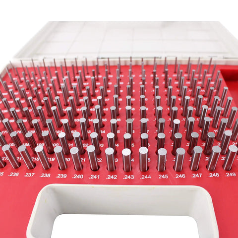 Pin Gage Set With Storage Case In Bearing Steel For Measuring Holes, 190 Pieces Ranging 0.061 To 0.250 Inches, Pro Grade High Precision 0.0002 Inch Tolerance, Each Gauge Two Inches Long, close-up in case