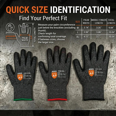 Tough as Nails A9 Cut Resistant Work Gloves For Men, Touchscreen Compatible, displayed in different sizes for identification