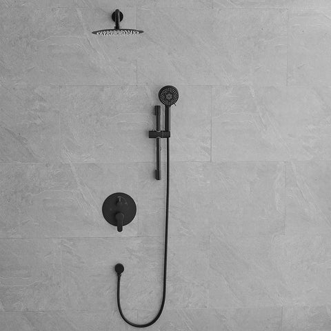 Shower Faucet System, 10-Inch Round Head, 5-Spray Handheld, Matte Black against a textured gray wall.