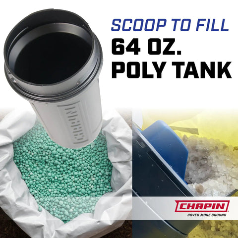 Scoop to fill 64 oz poly tank with fertilizer and salt for 64 Ounce Black Poly Hand Shaker Spreader For Turf Fertilizer Grass Seed Salt And Sand All Year Round Use With Ultra Handy Large Grip And 3 Openings For Pellets And Particles