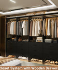 Black 7.2 Ft Wood Closet System Organizer, Set of 4 Modular Wardrobe Units with Hanging Rods, arranged with clothes and wooden drawers.