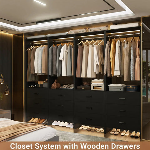 Black 7.2 Ft Wood Closet System Organizer, Set of 4 Modular Wardrobe Units with Hanging Rods, arranged with clothes and wooden drawers.