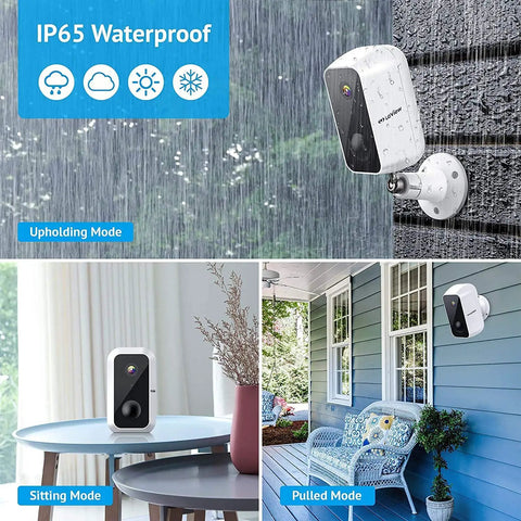 Wireless Outdoor Security Camera 1080P HD Battery Powered 9600mAh Up To 180 Days Battery Life AI Motion Detection IP65 Weatherproof showing in use in different positions