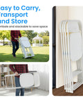 Ten Pack Plastic Folding Chairs With Metal Frame Foldable And Stackable Portable 330 Lb Capacity Perfect For Wedding Party Picnic Office Indoor Outdoor Dining White shown folded and stored