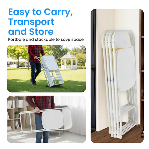 Ten Pack Plastic Folding Chairs With Metal Frame Foldable And Stackable Portable 330 Lb Capacity Perfect For Wedding Party Picnic Office Indoor Outdoor Dining White shown folded and stored