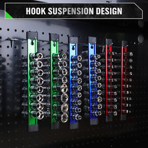 Six Piece Socket Organizer Rail Set With 360 Degree Swivel Clips Holds 108 Sockets Across Quarter Inch Three Eighths Inch And Half Inch Drives Double Sided Trays For Your Toolbox And Garage displayed on pegboard with sockets.