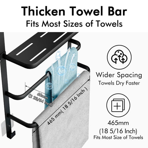 Close-up of matte black over the door towel rack with thick bars drying blue and gray towels, dimensions highlighted.
