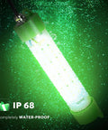 Submersible underwater green light for night fishing IP68 12V, 100W, 13000 lm, showcasing waterproof feature illuminated underwater.