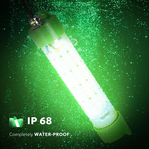 Submersible underwater green light for night fishing IP68 12V, 100W, 13000 lm, showcasing waterproof feature illuminated underwater.