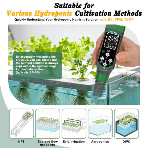 Level Up Your Garden Routine With This Ultimate Hydroponic Nutrient Solution Pen that Nails PH, TDS, PPM, And Temperature Readings Instantly being used in a hydroponic setup.