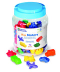 Awesome 72 Piece Mini Motor Car Counters And Sorting Set For Kids Ages 3 Plus in a clear tub with colorful plastic vehicles.