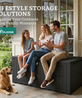 Three people sitting on a 200 Gallon Outdoor Storage Box Resin Deck Box With Lock Waterproof Patio Furniture Bin in a garden.