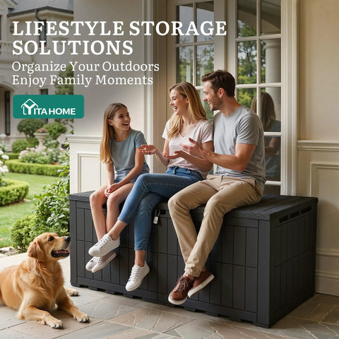 Three people sitting on a 200 Gallon Outdoor Storage Box Resin Deck Box With Lock Waterproof Patio Furniture Bin in a garden.