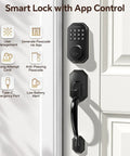 Slick Matte Black Smart Door Lock Featuring Super Quick Keyless Entry And Tight Bluetooth Handle That Pairs Directly With Your Phone App Control For Hassle Free Access on a door with key pad and handle features.