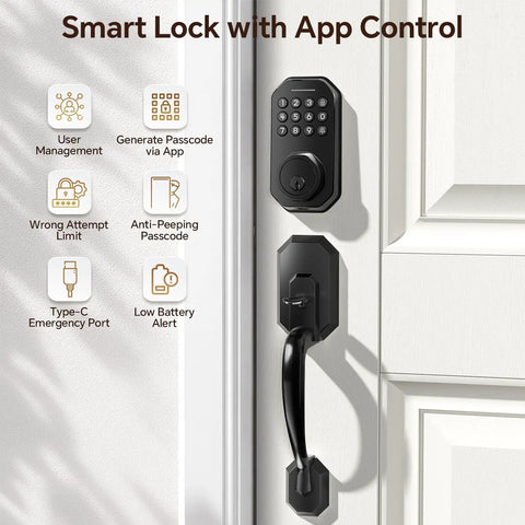 Slick Matte Black Smart Door Lock Featuring Super Quick Keyless Entry And Tight Bluetooth Handle That Pairs Directly With Your Phone App Control For Hassle Free Access on a door with key pad and handle features.