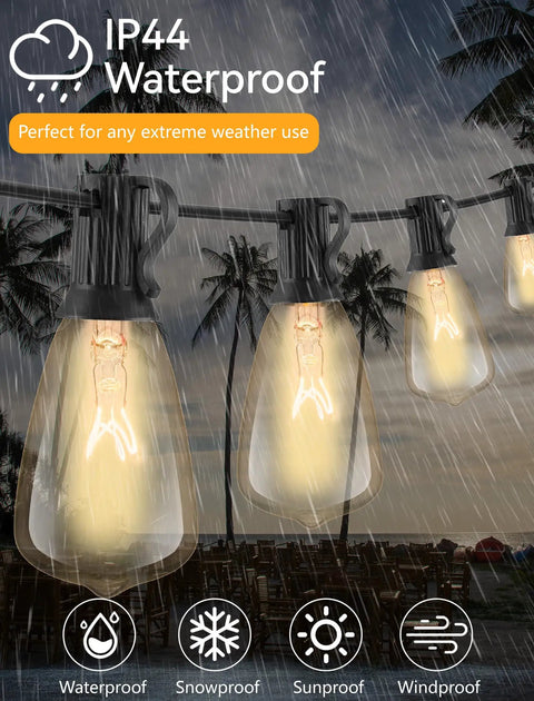 String of ST35 Edison Clear Bulbs 5W 120V Replacement For C7 E12 Screw Bases IP44 waterproof in rain, lit warm glow.