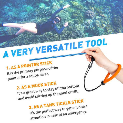 Scuba Diving Stick 13 Inch Aluminum Alloy Pointer Rod With Measurement, held with adjustable lanyard for underwater use