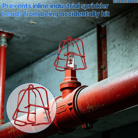 Commercial Grade Fire Sprinkler Head Protection Cages Three Quarter Inch Double Hook Steel Guard shown on pipe to prevent accidental damage.