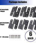 Heavy Duty Lift Off Door Hinges Set 4 Inch By 3 Point 5 Inch H Shaped Detachable Hinges Black 201 Stainless Steel Two Point Eight Millimeter Thick Left And Right Mounts 110 Lb Capacity Tough As Nails, showing six-pack with screws