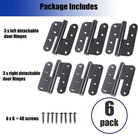 Heavy Duty Lift Off Door Hinges Set 4 Inch By 3 Point 5 Inch H Shaped Detachable Hinges Black 201 Stainless Steel Two Point Eight Millimeter Thick Left And Right Mounts 110 Lb Capacity Tough As Nails, showing six-pack with screws