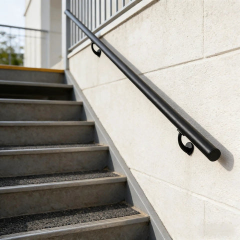 7FT Modern Aluminum Wall Mount Handrail Matte Black installed on outdoor steps with sturdy zinc brackets for added support.