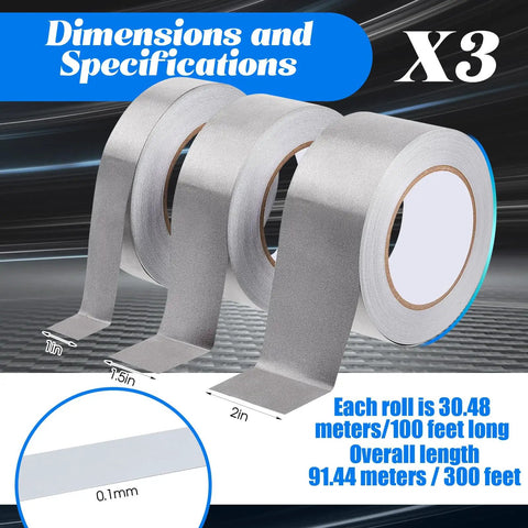 Triple Pack Conductive Fabric Tape For Shielding And DIY Projects, tape rolls in 1in, 1.5in, and 2in widths for EMI RFI grounding