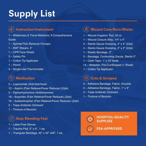 Mountain Series Explorer Outdoor Expedition Grade Emergency First Aid Kit supply list with items for wounds, medication, cuts.
