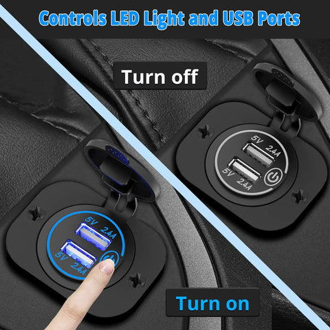 Dual USB 12V Marine Outlet With Switch, Waterproof Car Charger Mount for Boat, close-up showing LED light and turn-on switch