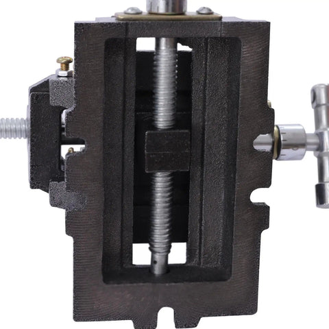 Pro Grade Top Shelf 3 Inch 2 Way Cross Slide Drill Press Vise With XY Travel Scales close-up view of cast iron frame detail.