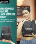 Person holding Modern Advantage storage bag with inflatable travel pillow, eye mask, earplugs; compact for neck pain relief.