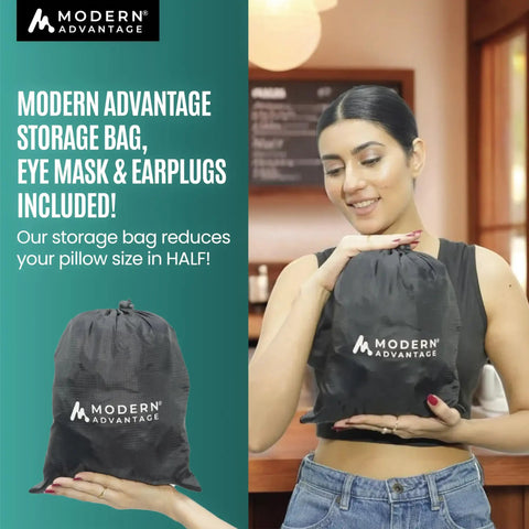 Person holding Modern Advantage storage bag with inflatable travel pillow, eye mask, earplugs; compact for neck pain relief.