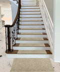Tape Free Non Slip Bullnose Carpet Stair Treads Set For Indoors Cream Gray 9.5 By 30 Inches 7 Pieces Pet Friendly on a wooden staircase