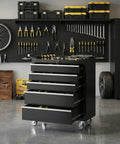 Rolling 5-Drawer Tool Chest With Locking System On Wheels, Portable Tool Cabinet Organizer With Drawer Liners, Heavy-Duty Steel Cart For Garage And Workshop, Black Finish.