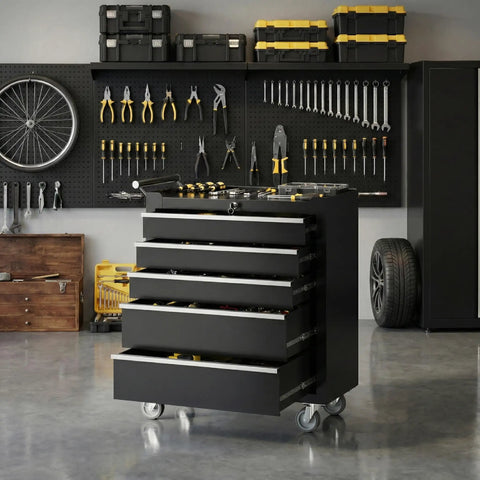 Heavy Duty Steel Rolling Tool Chest With Five Deep Drawers Rock Solid Swivel Casters Precision Ball Bearings Locking Handles Non Slip Liners Matte Black Mobility Cart Built Tough For Shop Hustle