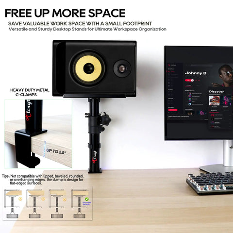 Clamp On Desk Speaker Stands For Dual Monitors, Height Adjustable Tilt, Desktop Mounts with metal clamp securing a speaker.