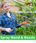 Woman using Universal Stainless Steel Sprayer Wand With Shut Off Valve 29 Inch Garden Watering And Car Wash Kit in garden
