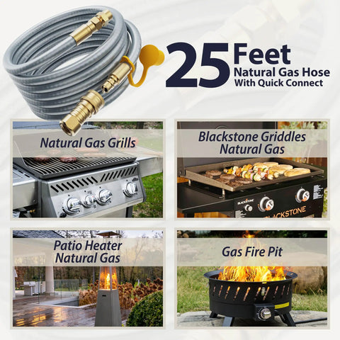 Natural Gas Hose 25 Foot Three Eighths Inch ID With Stainless Steel Inner Wire And PVC Rubber Outer Layer Tool Free Quick Connect High Flow For Patio Heaters Grills Generators Pizza Ovens And Heavy Duty Outdoor Kitchens.