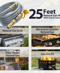 25 Ft Natural Gas Hose With One Half Inch ID High Flow Low Pressure Gas Line For Grill, Generator, Patio Heater And Pizza Oven, One Half Inch Female Flare To Male Quick Connect Plug, 92,000 BTU Per Hour image with various appliance uses like grills, heaters, and fire pits.