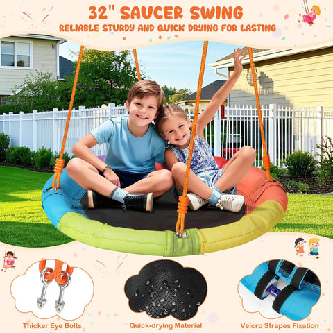 Children playing on a 32-inch saucer swing, part of the backyard swing set with stand for kids, heavy duty 440 lb metal A frame outdoor playset.