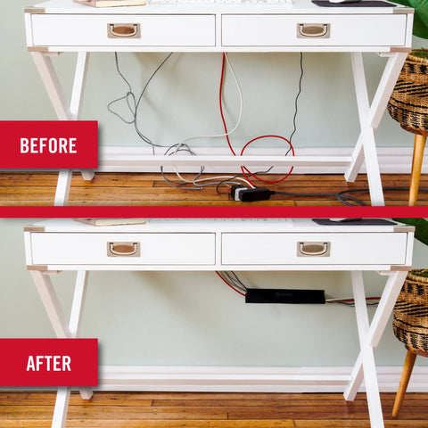 Before and after image showing a desk with tangled cables versus organized cables using a Mountable Cable Sleeve 12 Inch Black 2 Pack