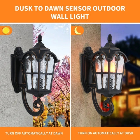 Dusk To Dawn Outdoor Wall Light With Sensor, Hands Free Operation, Matte Black Exterior Lantern; day and night view