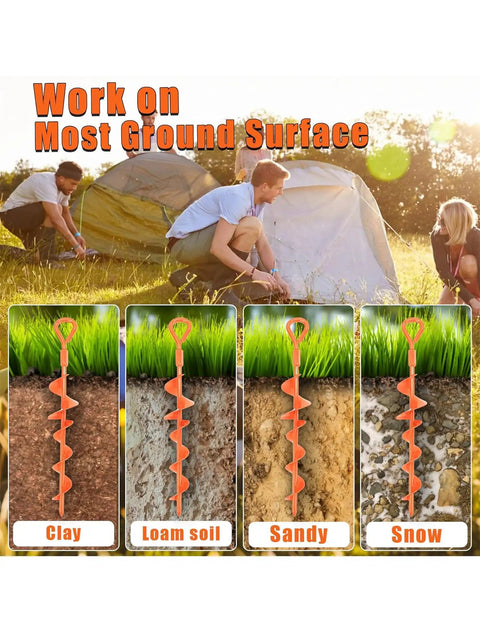 15 Inch Ground Anchors Screw In Stakes 6 Pack Beefy Heavy Duty Spiral Trampoline And Swing Set Stakes illustrated across soil types.