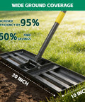 Heavy Duty Lawn Leveling Rake With A 30 Inch By 10 Inch Wide Blade And A 6 Ft Adjustable Handle For Soil Dirt Sand And Compost in use on grass showing measurements