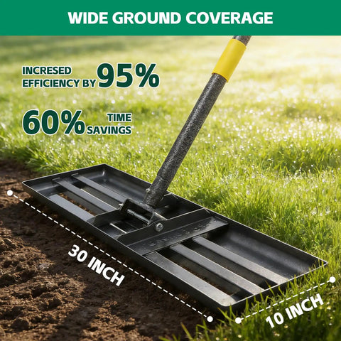 Heavy Duty Lawn Leveling Rake With A 30 Inch By 10 Inch Wide Blade And A 6 Ft Adjustable Handle For Soil Dirt Sand And Compost in use on grass showing measurements