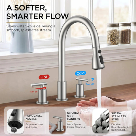 FORIOUS 2-Handle Kitchen Faucet with Pull Down Sprayer, Brushed Nickel featuring removable nozzle and separate hot and cold handles.