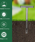12 Inch Stainless Steel Soil Probe with T-Handle in soil profile, durable garden and lawn soil sampler kit for precise testing