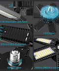 Ultra Bright 200W LED Garage Light With 20000 Lumens 6500K Daylight 7 In 1 Adjustable Panels showing components and E26/E27 socket