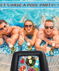 Inflatable Serving Bar With Drain Plug For Parties, 52 By 24 By 5 Inches, Party Ready Ice Buffet Table by a poolside with drinks.